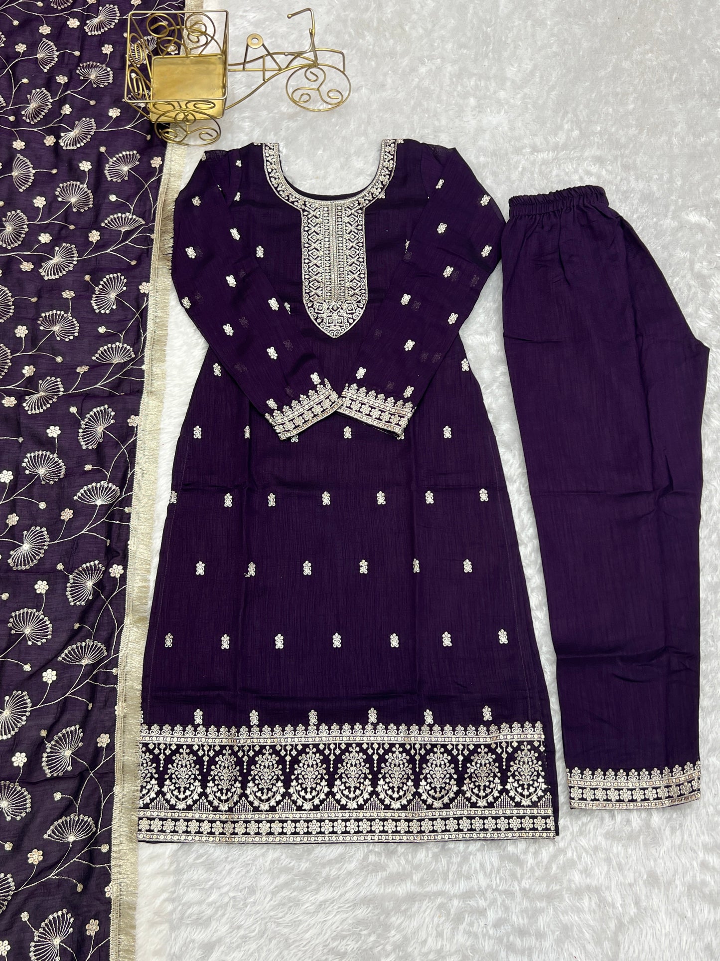 Lorenvalley Purple Rangoli Silk Embroidery Sequence and Jari Work Kurta Trousers with Dupatta Set | Swadesiicart