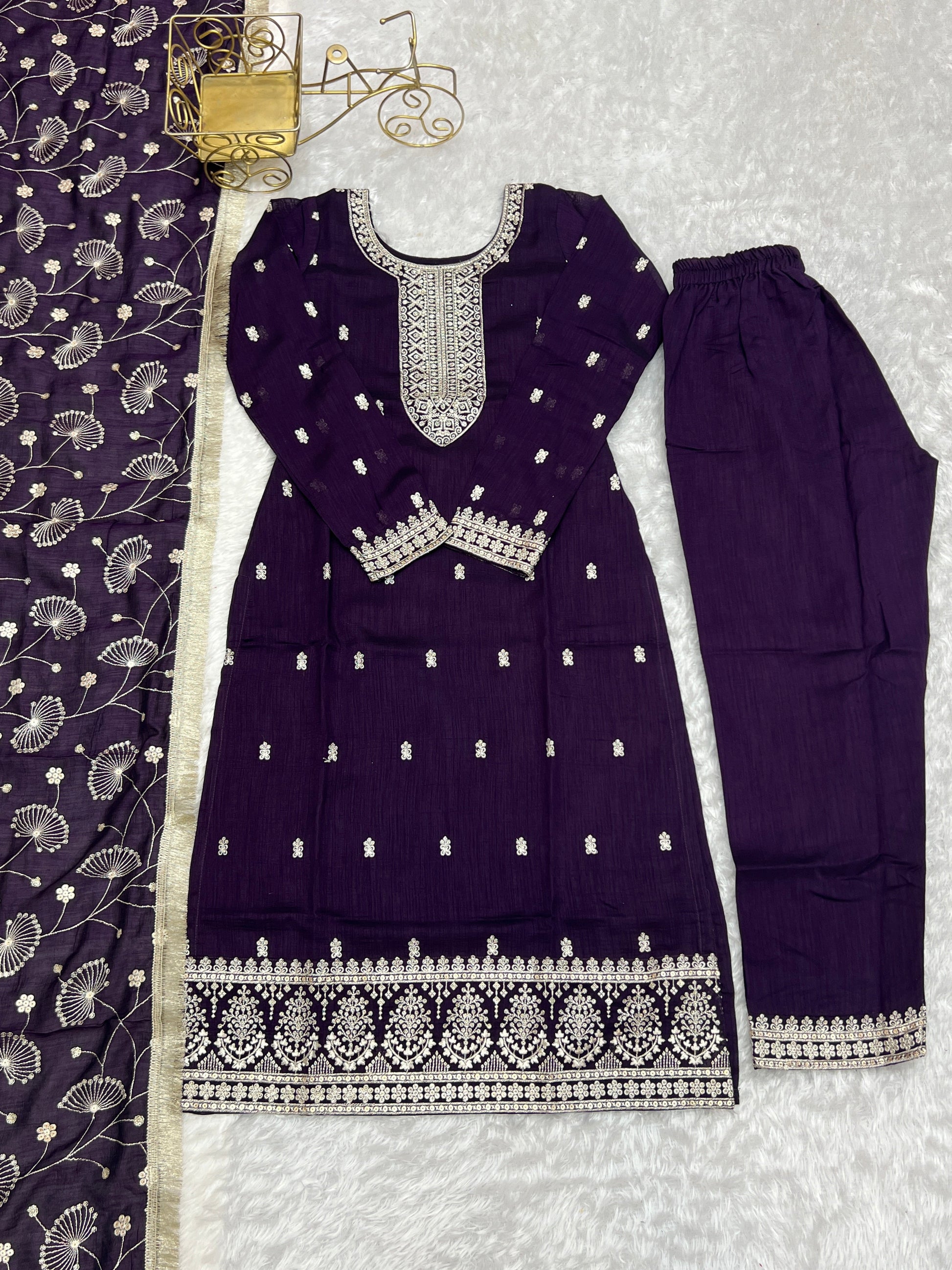 Lorenvalley Purple Rangoli Silk Embroidery Sequence and Jari Work Kurta Trousers with Dupatta Set | Swadesiicart