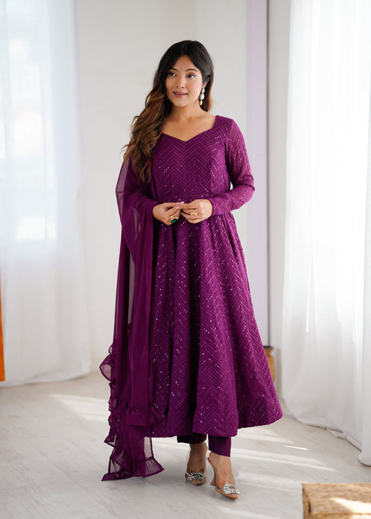 Lorenvalley Purple Faux Georgette Lukhnowi Sequence Work Anarkali Kurta Pant With Dupatta Set - Swadesiicart