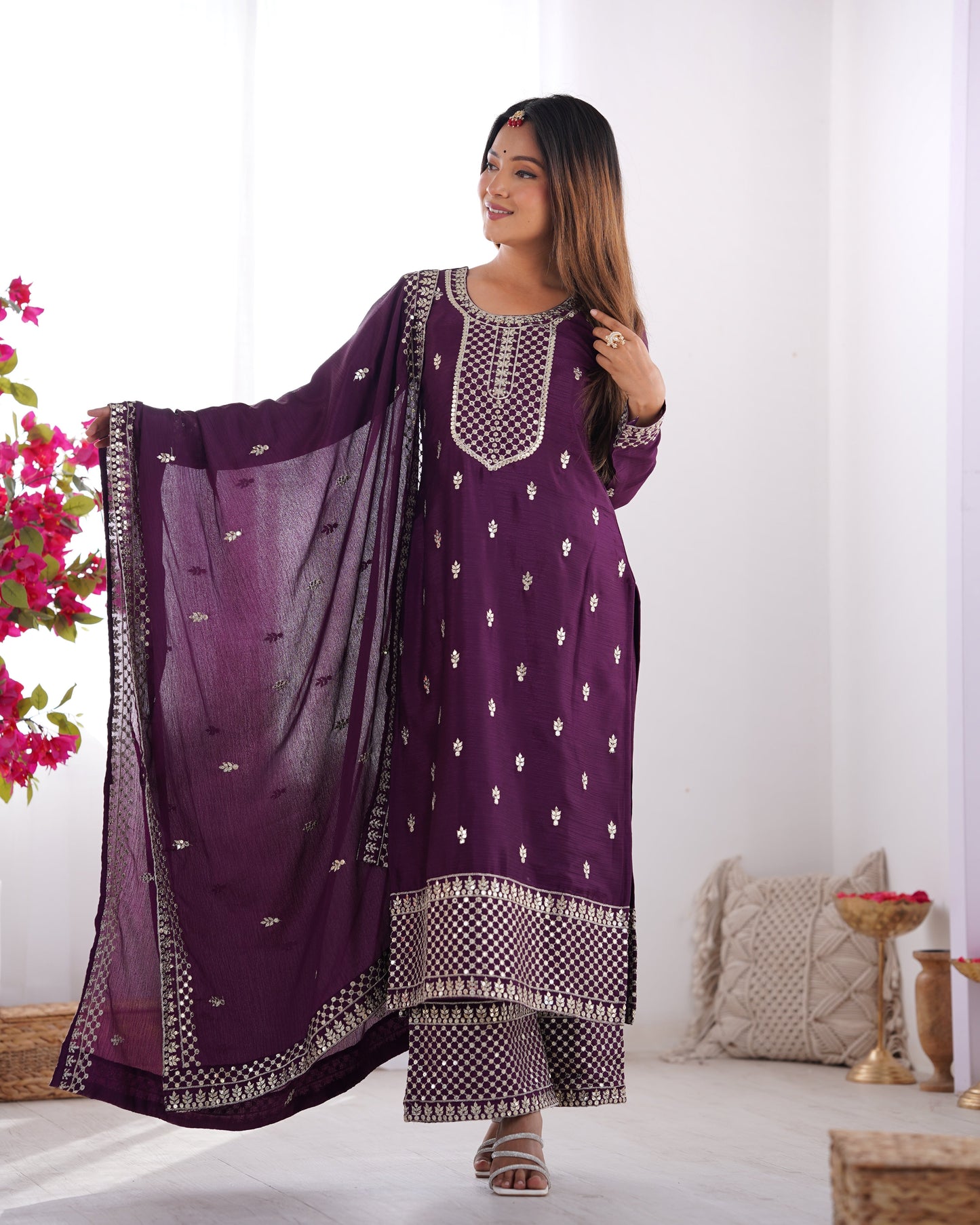 Lorenvalley Purple Chinon Silk Embroidery Sequence and Jari Work Kurta Trousers with Dupatta Set | Swadesiicart