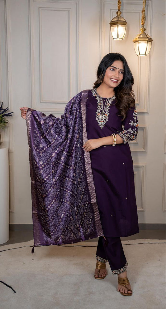 Lorenvalley Fashion Purple Roman Silk Embroidery Multi Work Kurta Pant with Dupatta - Swadesiicart