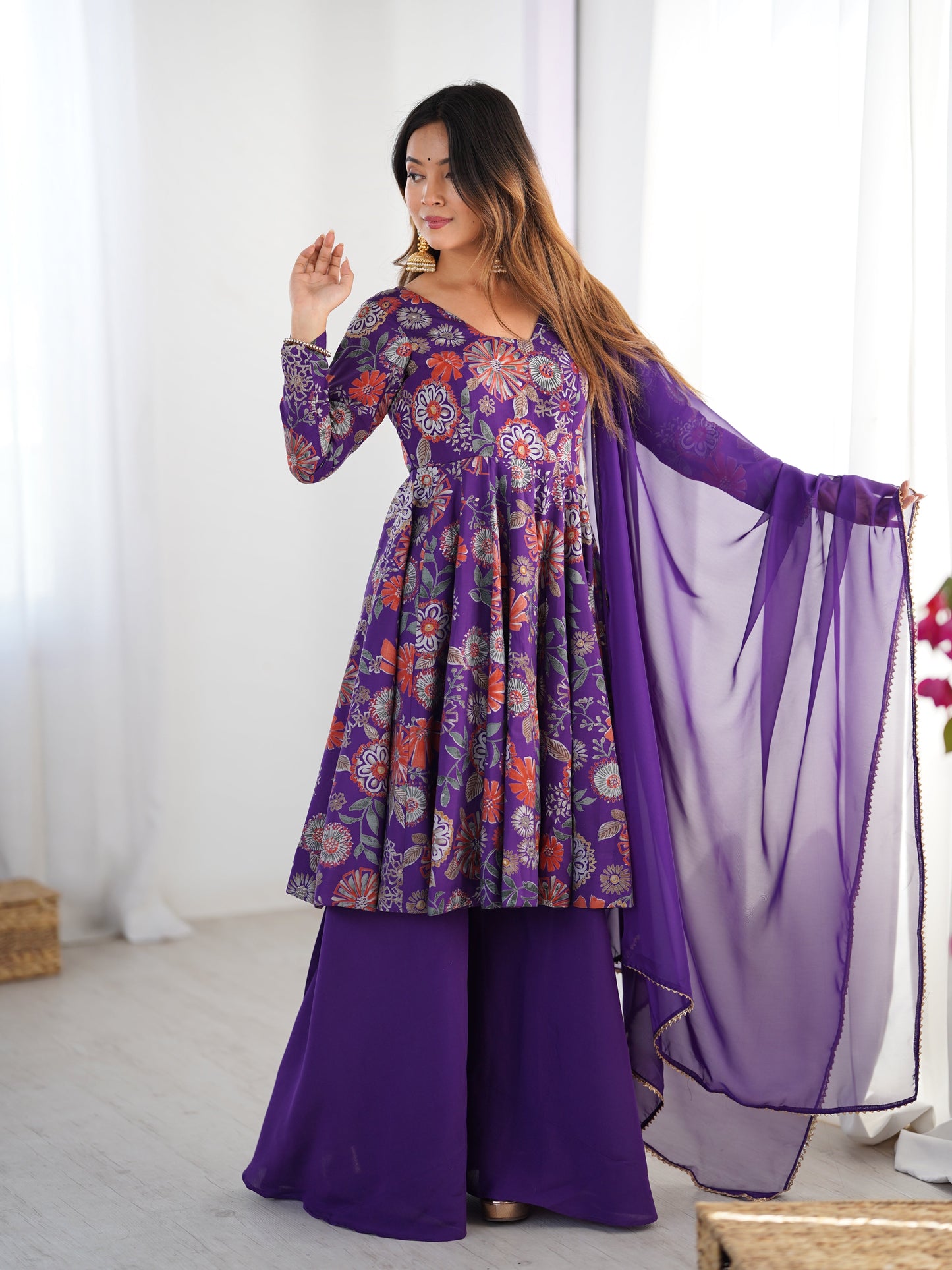 Lorenvalley Women Pure Soft Roman silk Chanderi Discharge Print Fabric Kediya Kurta Palazzo with Dupatta Set | Swadesiicart