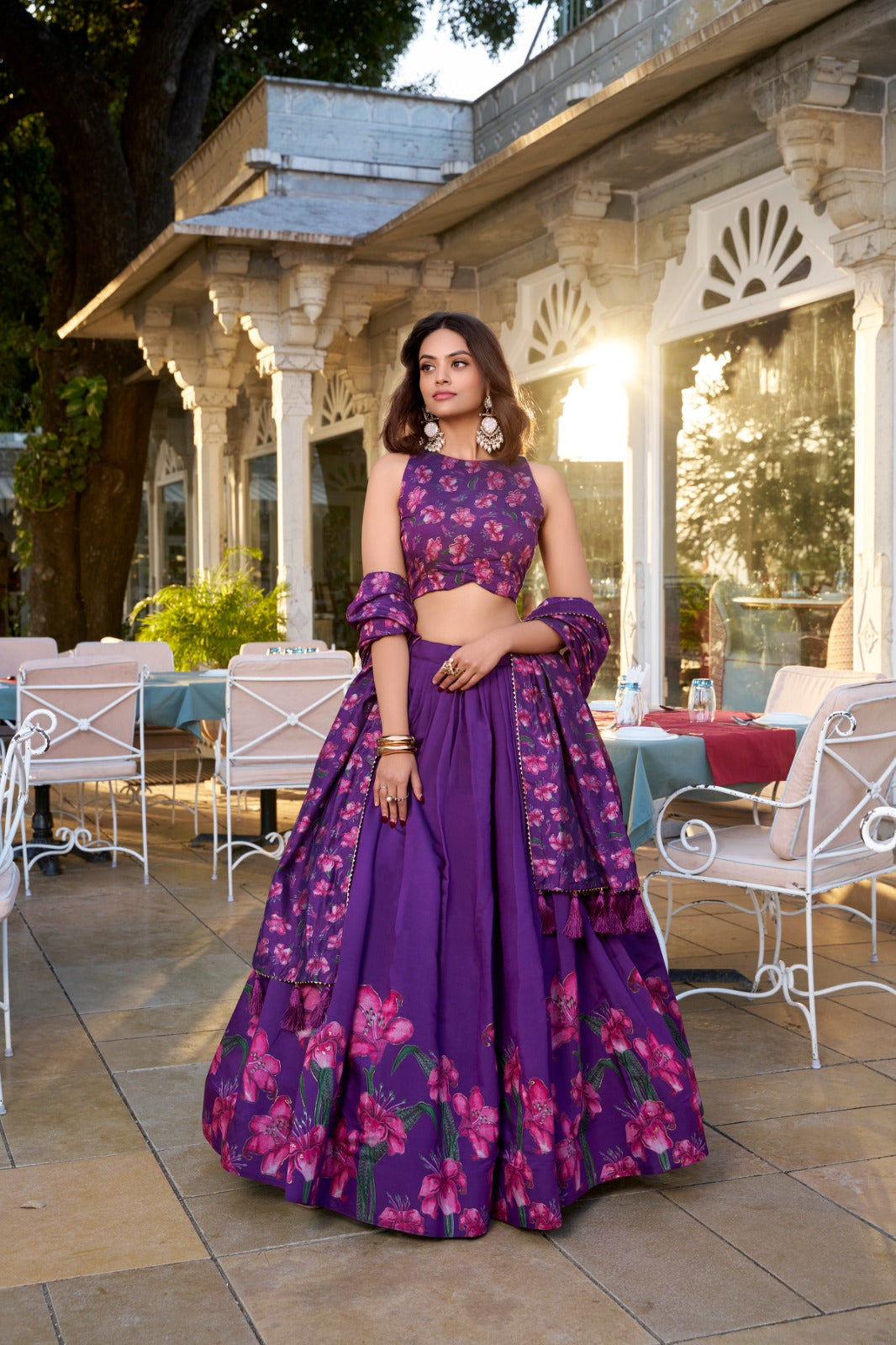 Lorenvalley Purple Tussar Silk Floral Print With Foil Work Lehenga Choli with Dupatta | Swadesiicart