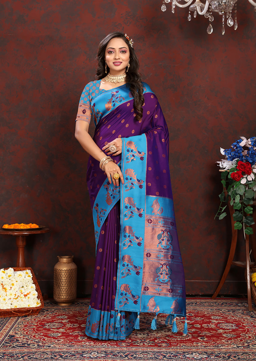 Lorenvalley Fashion Purple Soft Paithani Silk Woven Design Rich Zari Meenakari Weaving Saree - Swadesiicart