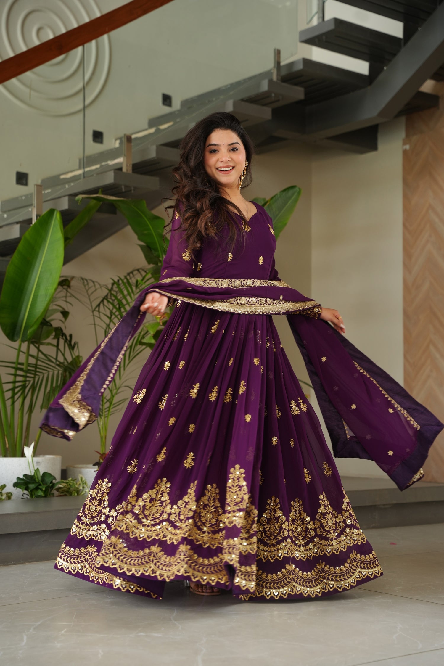 Lorenvalley Fashion Purple Faux Georgette with Zari & Sequins Embroidered Work Anarkali Gown with Dupatta - Swadesiicart