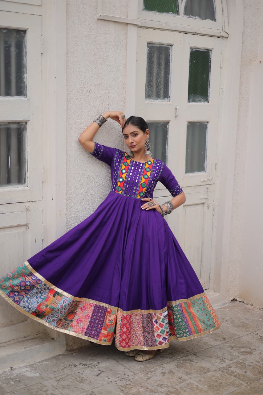 Lorenvalley Fashion Purple Roman Silk with Thread with mirror work & Maslin Crochet Print Work Gown | Swadesiicart