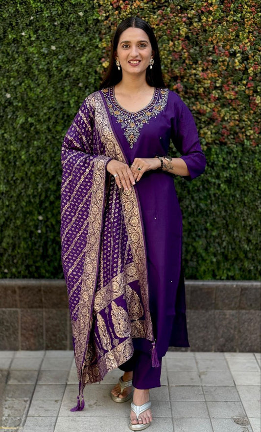Lorenvalley Fashion Purple Roman Silk Hand Work Kurta Pant with Dupatta - Swadesiicart