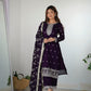 Lorenvalley Purple Rangoli Silk Embroidery Sequence and Jari Work Kurta Trousers with Dupatta Set | Swadesiicart