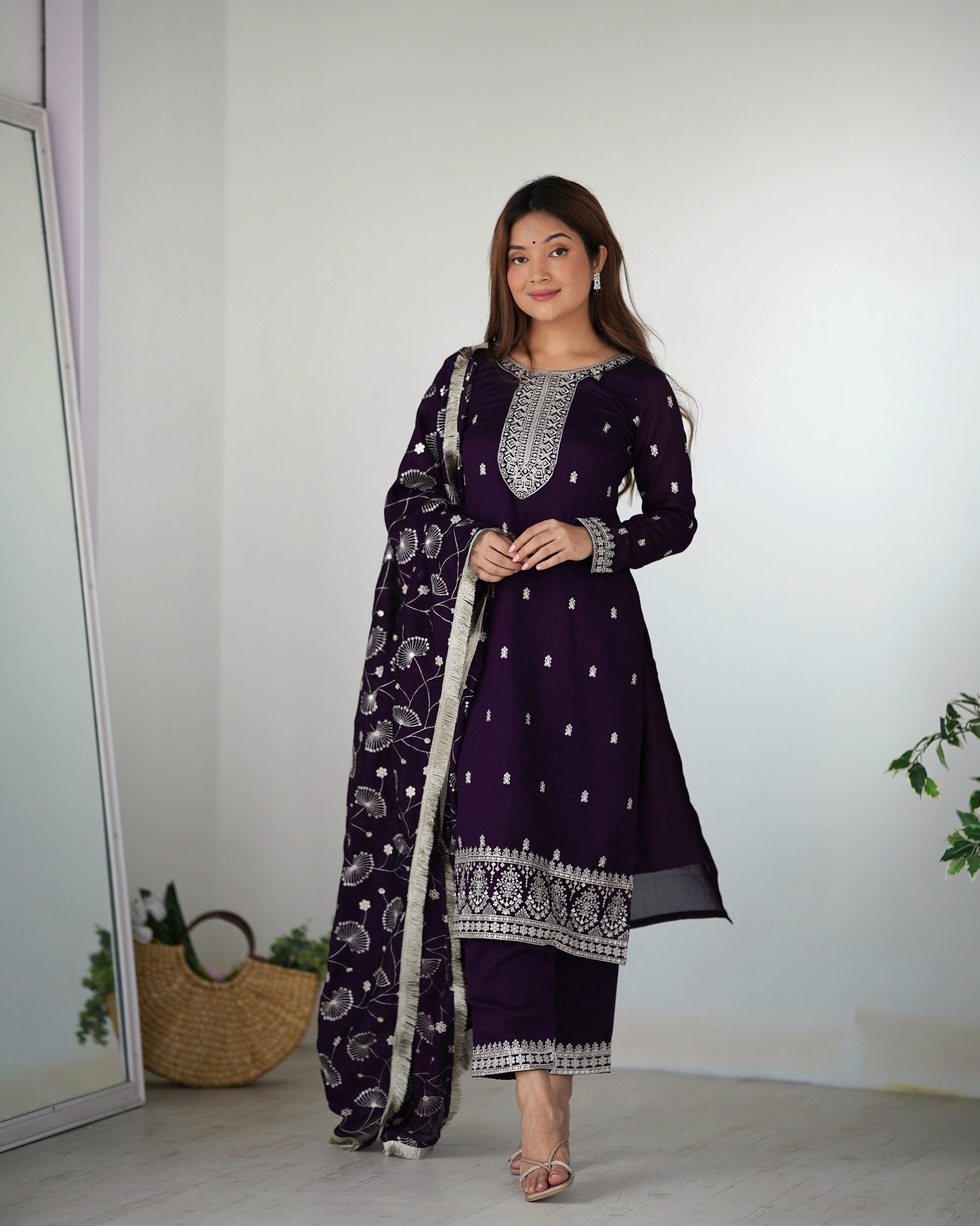Lorenvalley Purple Rangoli Silk Embroidery Sequence and Jari Work Kurta Trousers with Dupatta Set | Swadesiicart