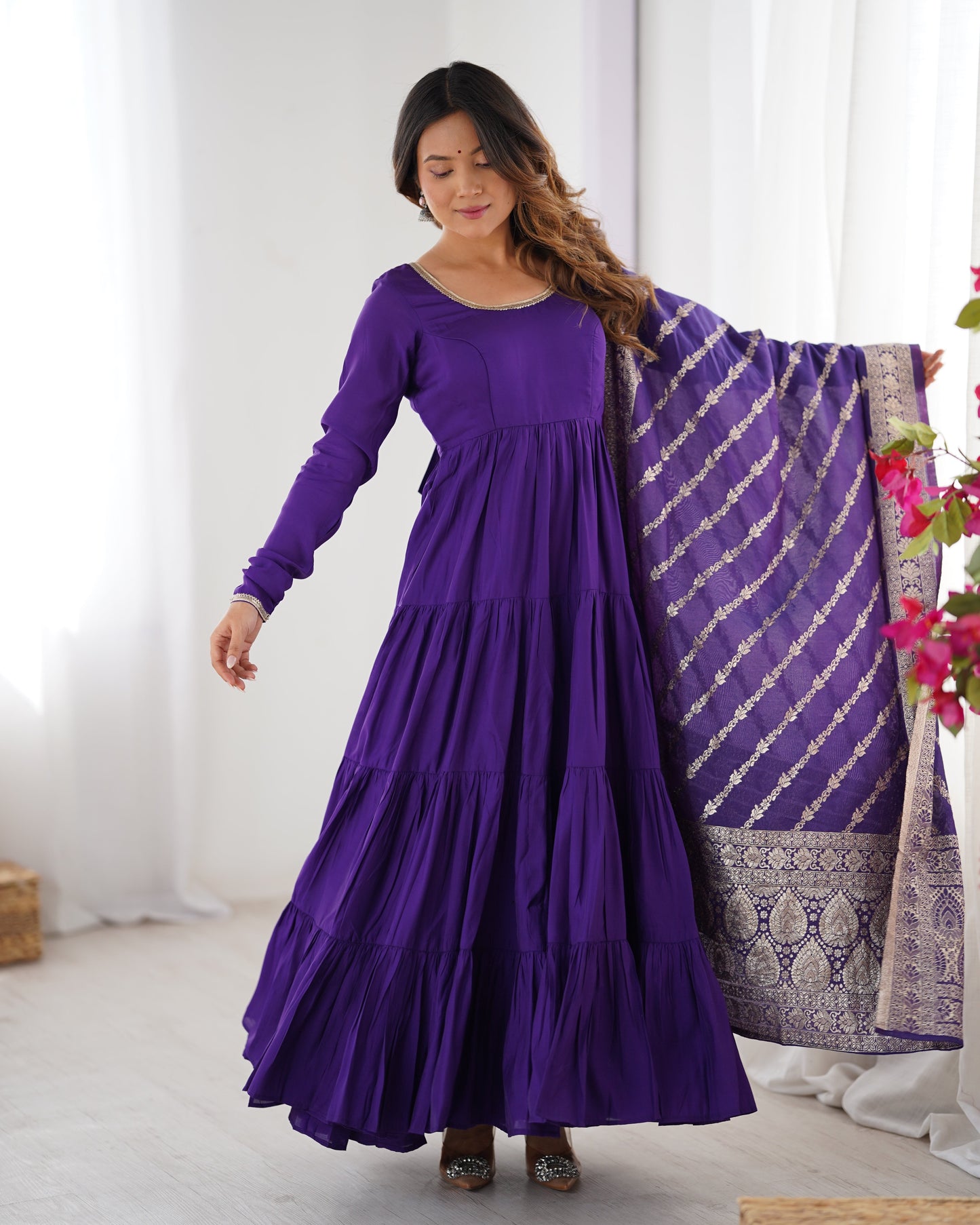 Lorenvalley Women Pure Roman silk Chanderi Fabric Layer Gathering Anarkali Kurta Pant With Dupatta Set | Swadesiicart