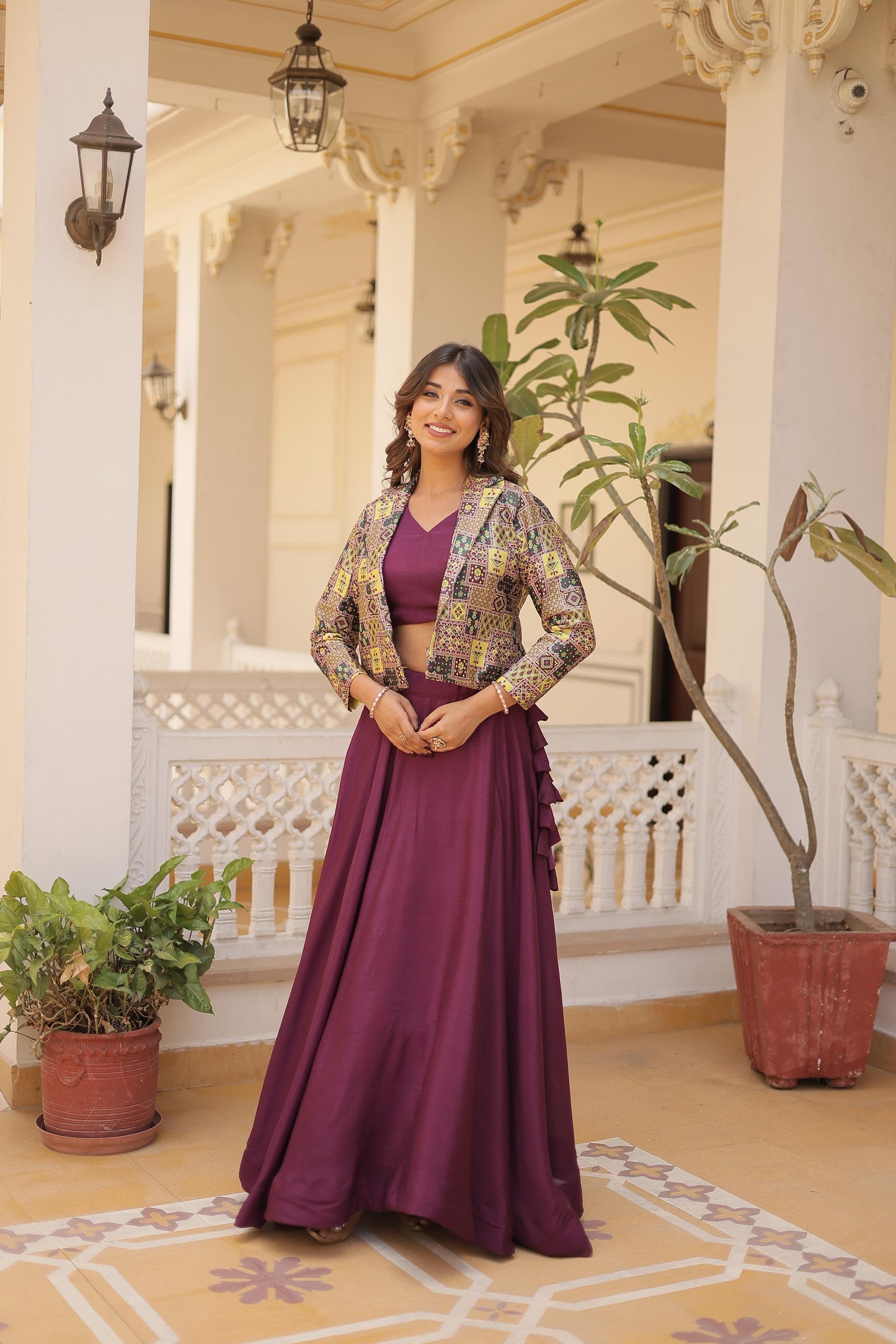 Lorenvalley Purple Premium Chinnon Lehenga Choli with Jacquard Woven Design Koti | Swadesiicart