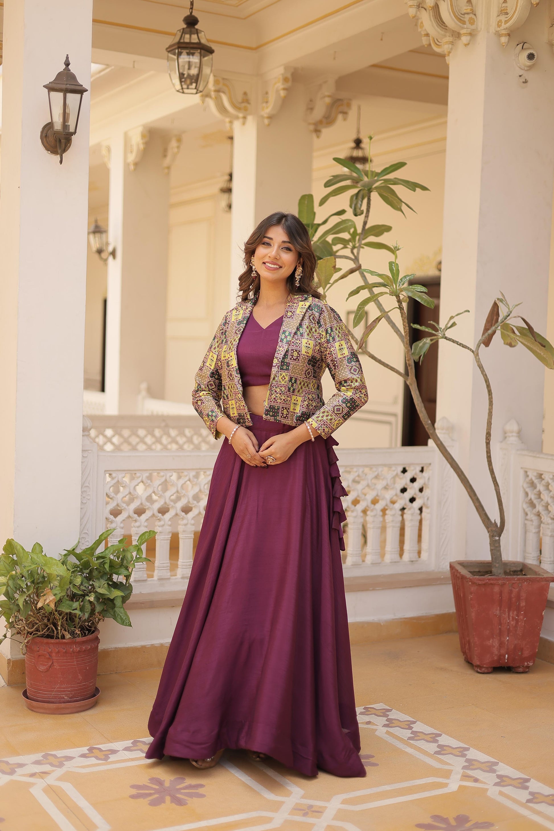 Lorenvalley Purple Premium Chinnon Lehenga Choli with Jacquard Woven Design Koti | Swadesiicart
