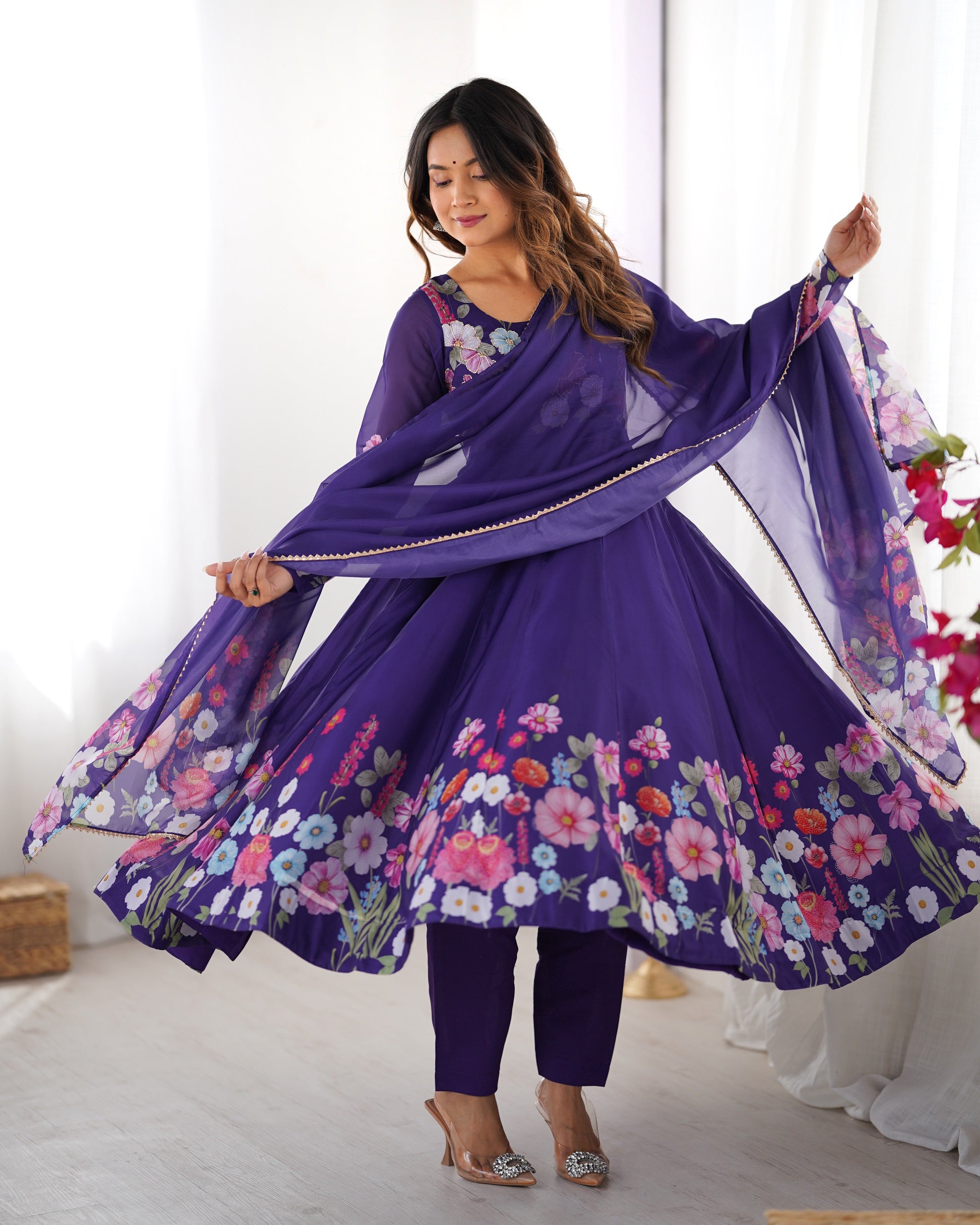 Lorenvalley Purple Soft Organza Silk With Floral Print Fully Flared Anarkali Pant With Dupatta Set | Swadesiicart