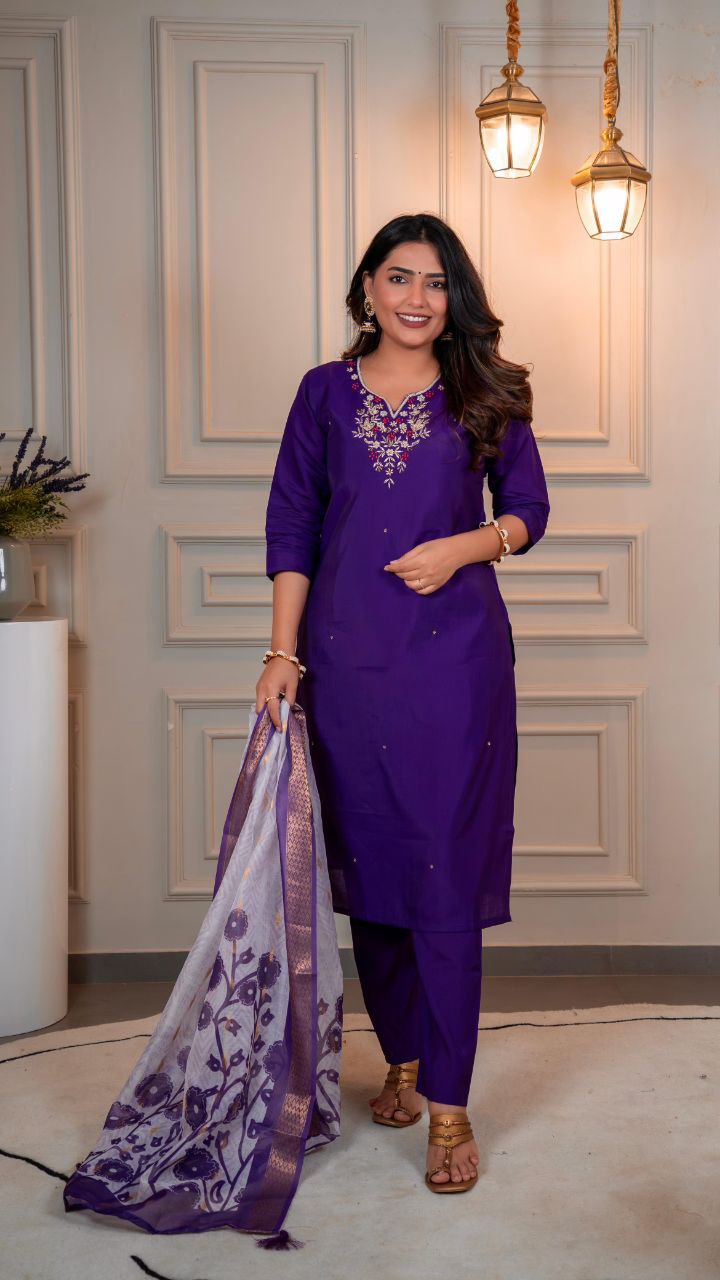 Lorenvalley Fashion Purple Roman Silk Hand Work Kurta Pant with Dupatta - Swadesiicart