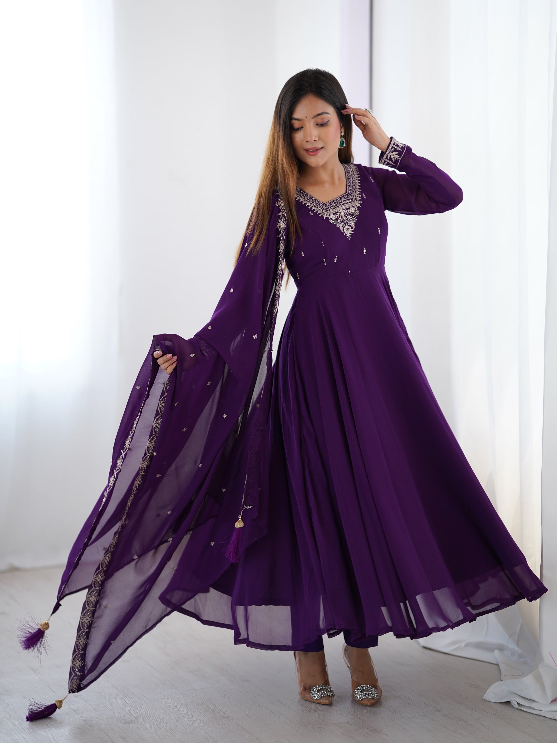 Lorenvalley Purple Faux Georgette Fancy Embroidery Beads And Jari Work Anarkali Kurta Palazzo With Dupatta Set | Swadesiicart