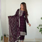 Lorenvalley Wine Rangoli Silk Embroidery Sequence And Thread Work Kurta Trousers with Dupatta Set | Swadesiicart