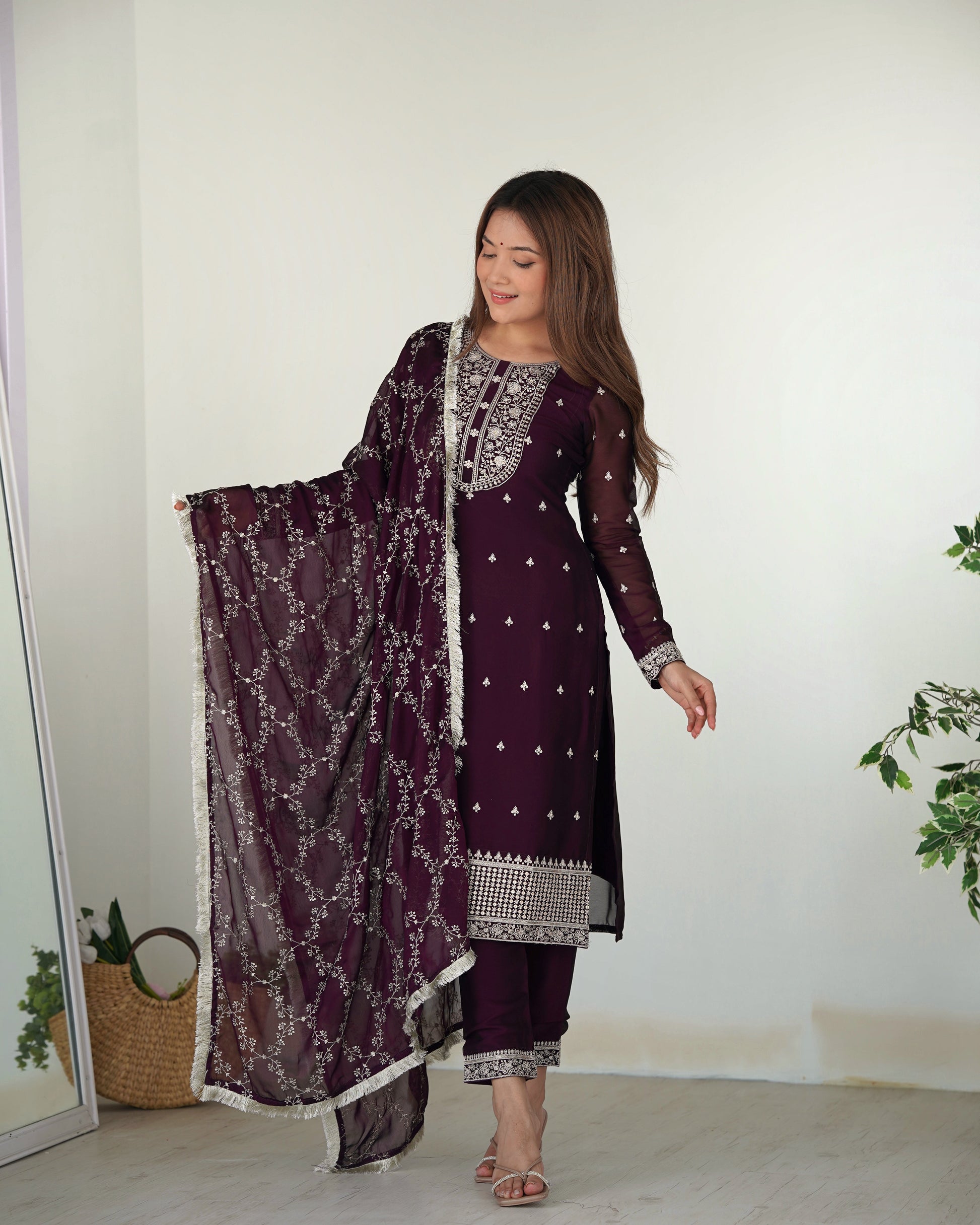 Lorenvalley Wine Rangoli Silk Embroidery Sequence And Thread Work Kurta Trousers with Dupatta Set | Swadesiicart