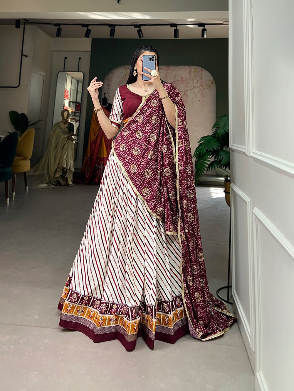 Lorenvalley White And Purple Pure Cotton Leheriya With Patola Print Lehenga Choli With Dupatta | Swadesiicart