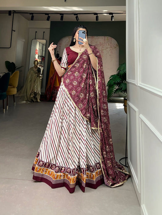 Lorenvalley White And Purple Pure Cotton Leheriya With Patola Print Lehenga Choli With Dupatta | Swadesiicart