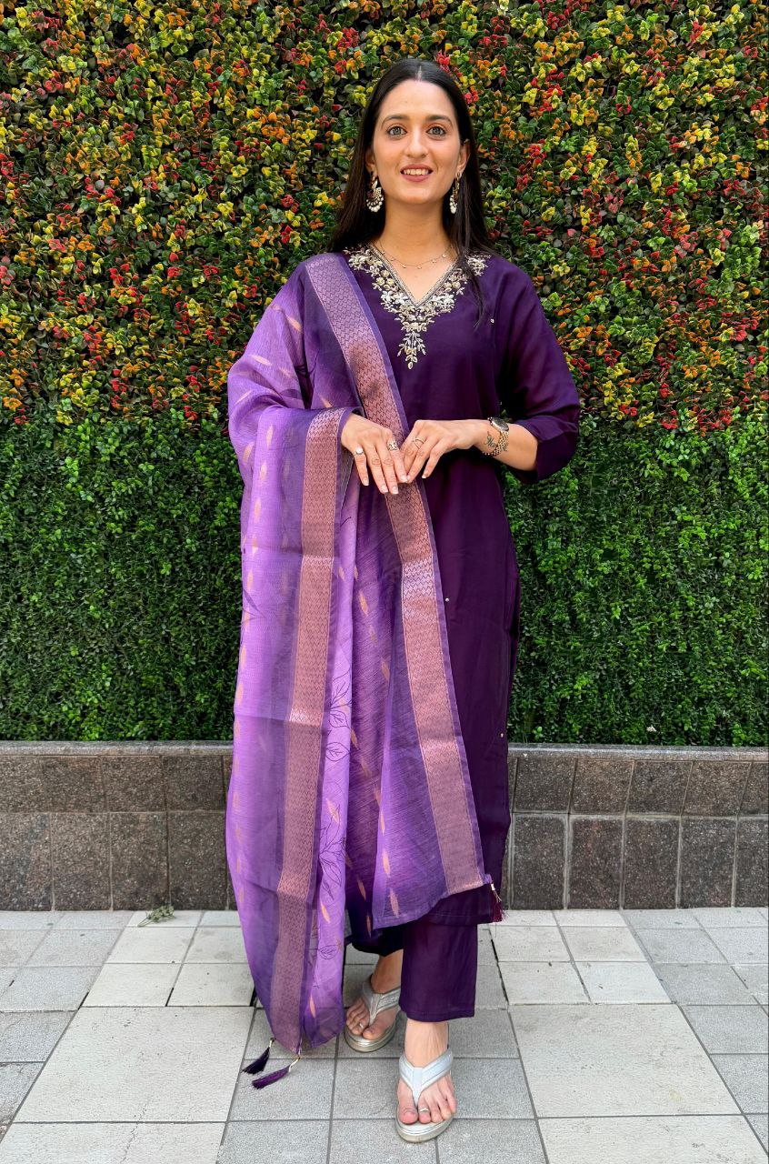 Lorenvalley Fashion Purple Roman Silk Hand Work Kurta Pant with Dupatta - Swadesiicart