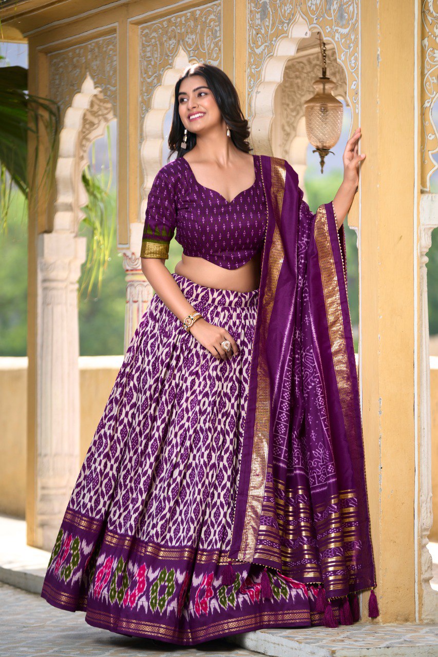 Lorenvalley Purple Tussar Silk Ikkat Print With Foil Work Lehenga Choli with Dupatta | Swadesiicart