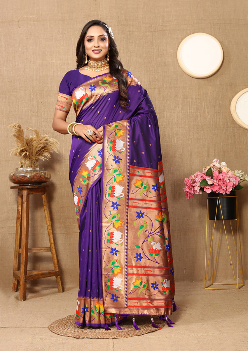 Lorenvalley Fashion Purple Soft Paithani Silk Woven Design Rich Zari Meenakari Weaving Saree - Swadesiicart
