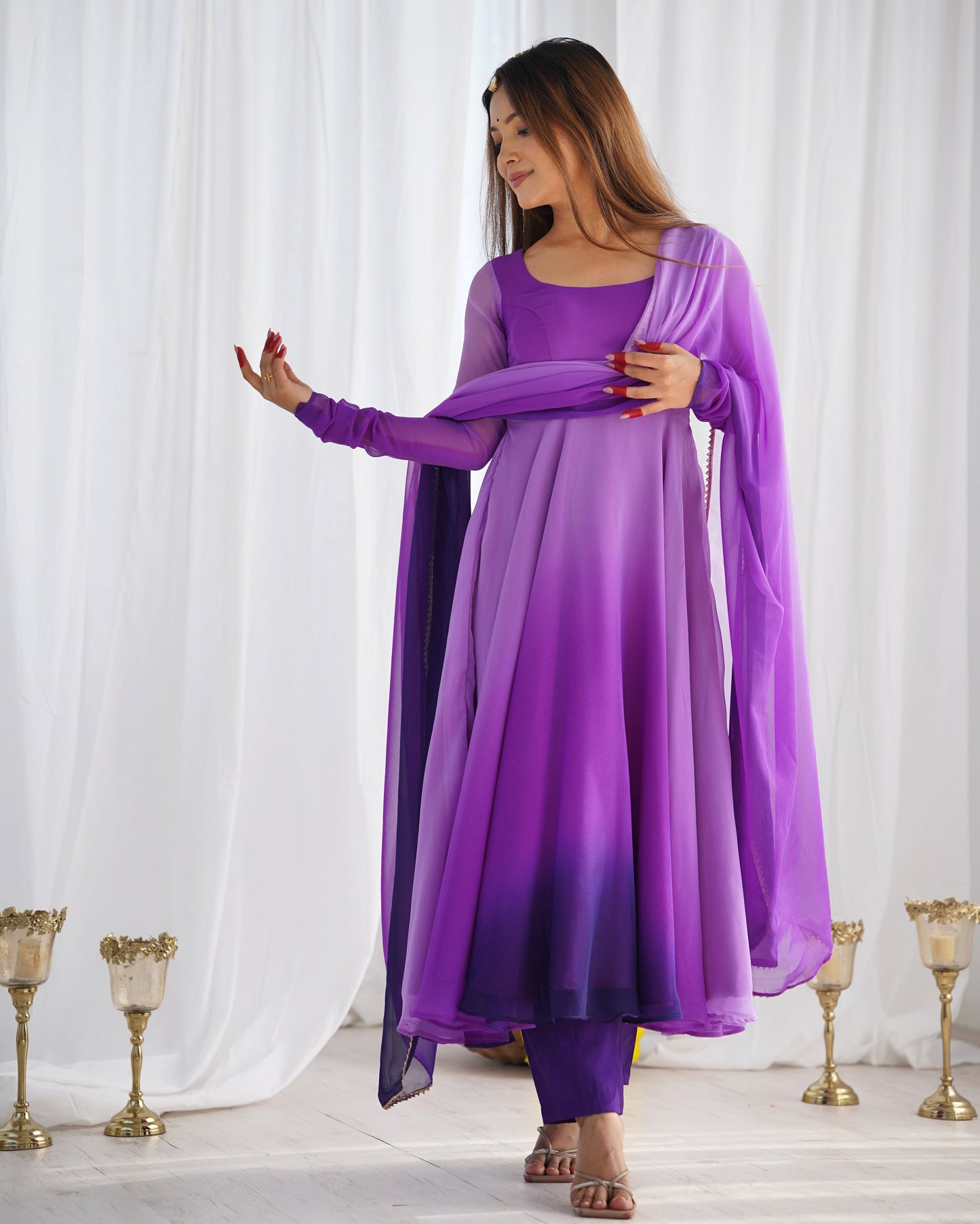 Lorenvalley Women Pure Soft Faux Georgette Colourfull Padding Anarkali Kurta Pant With Dupatta Set | Swadesiicart