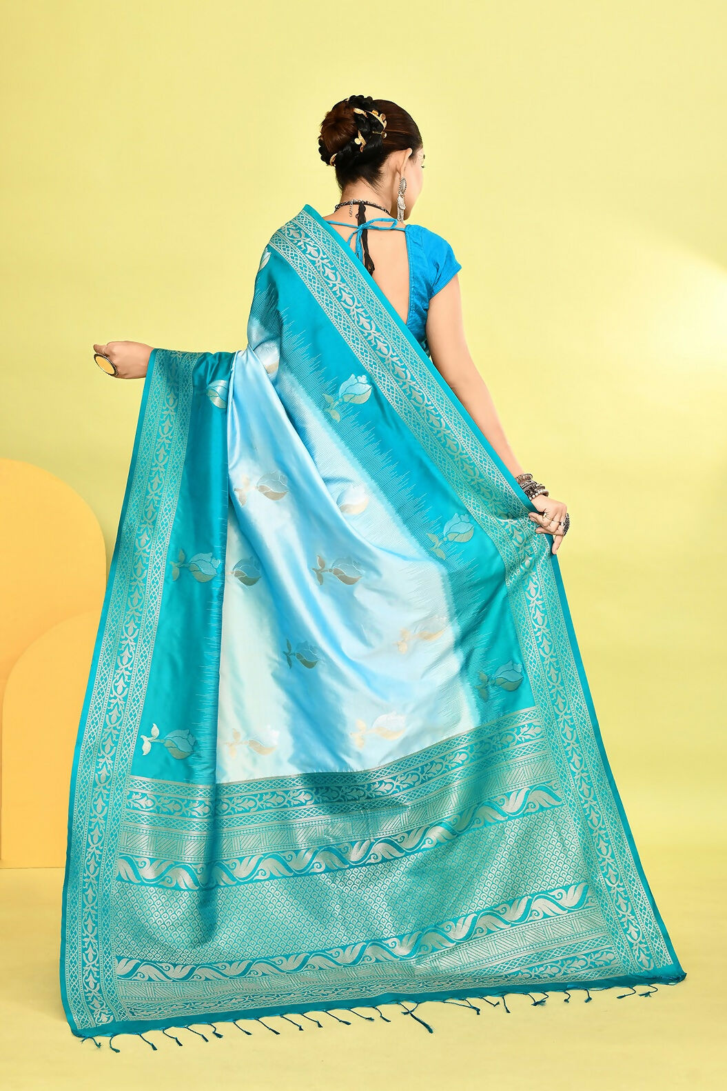 Joban Fashion Sky Blue & Rama Plain With Weaving Border Banarasi Silk Sarees | Swadesiicart