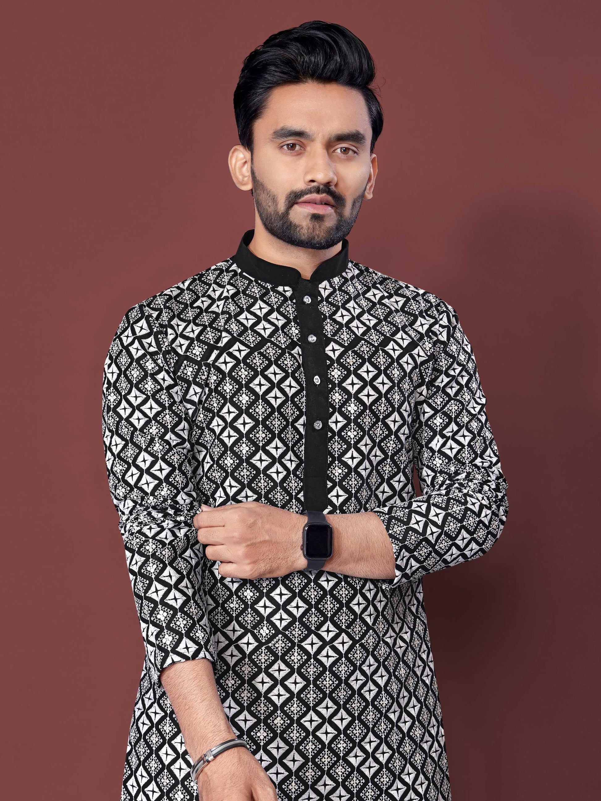 Neera Trendz Black Soft Silk Embroidered Men's Kurta Pyjama - Swadesiicart
