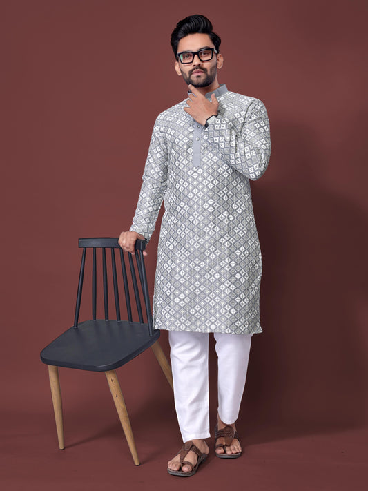 Neera Trendz Grey Soft Silk Embroidered Men's Kurta Pyjama - Swadesiicart