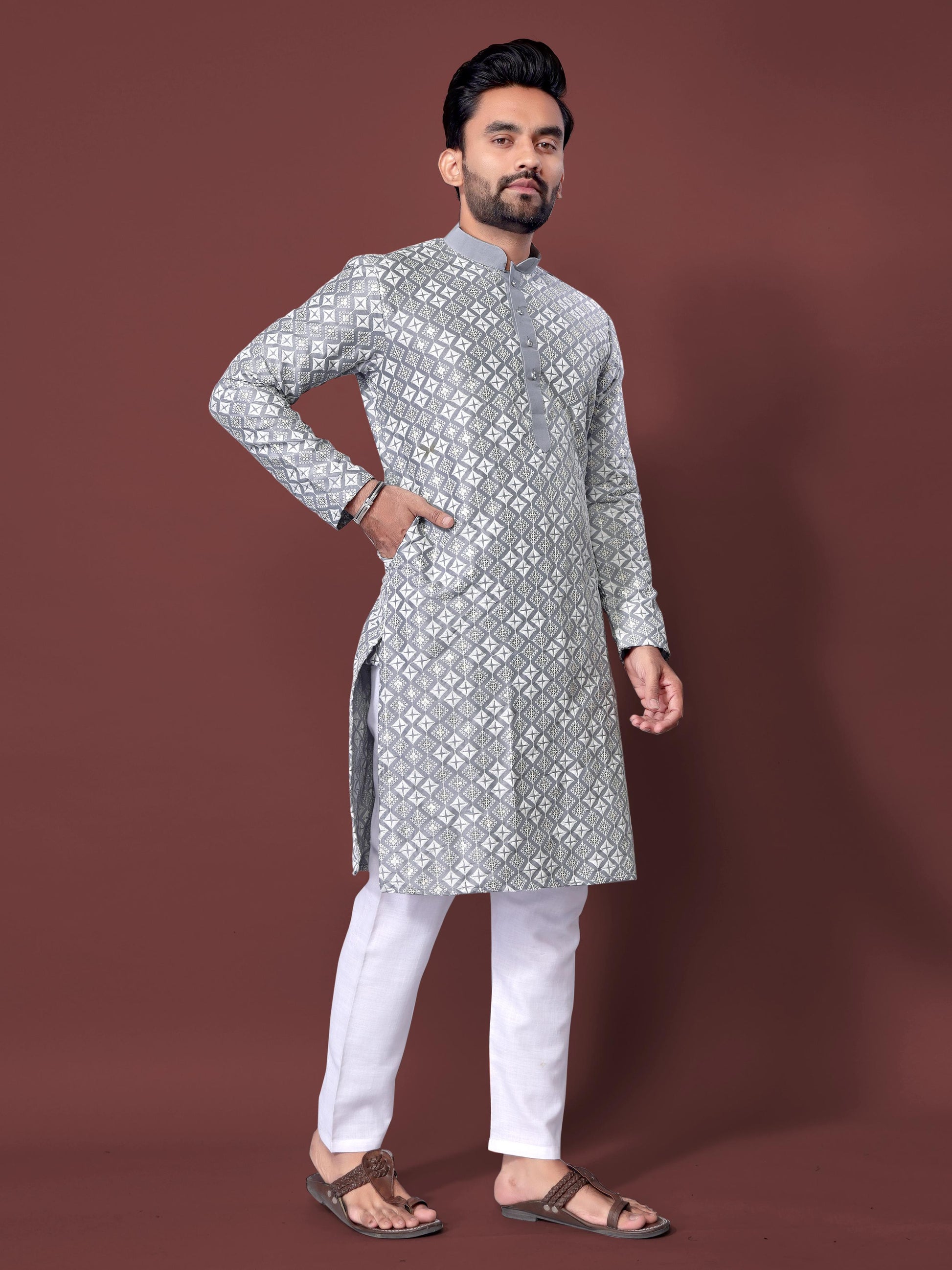 Neera Trendz Grey Soft Silk Embroidered Men's Kurta Pyjama - Swadesiicart