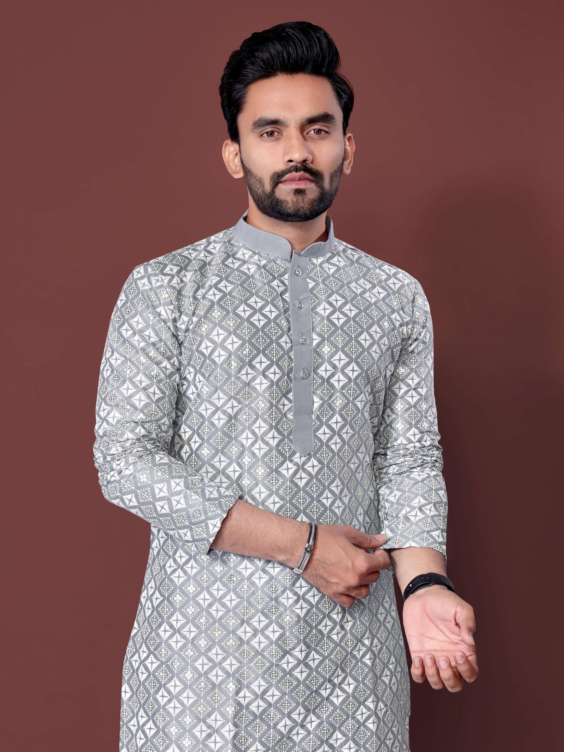 Neera Trendz Grey Soft Silk Embroidered Men's Kurta Pyjama - Swadesiicart