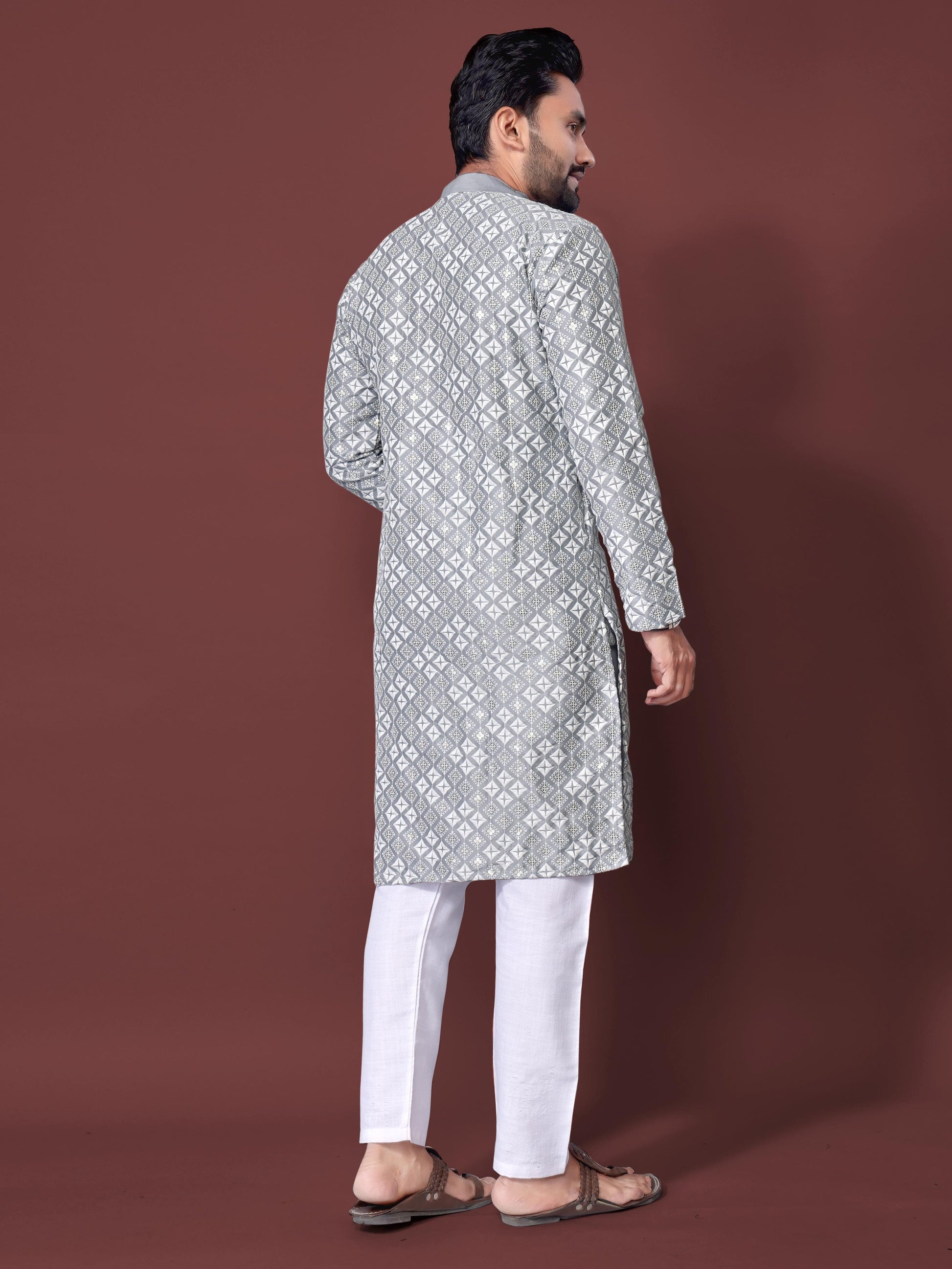 Neera Trendz Grey Soft Silk Embroidered Men's Kurta Pyjama - Swadesiicart