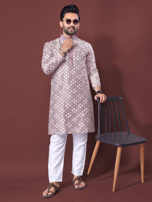 Neera Trendz Light Purple Soft Silk Embroidered Men's Kurta Pyjama - Swadesiicart
