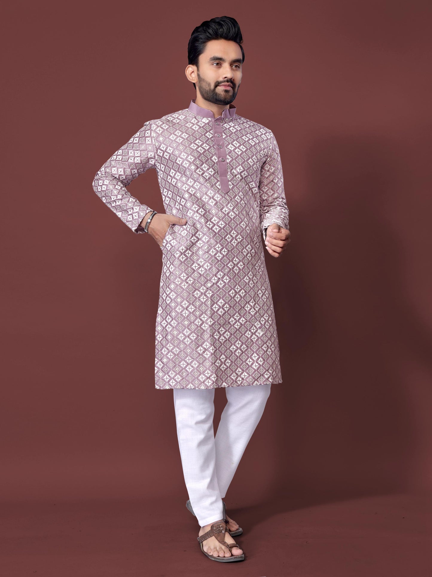 Neera Trendz Light Purple Soft Silk Embroidered Men's Kurta Pyjama - Swadesiicart
