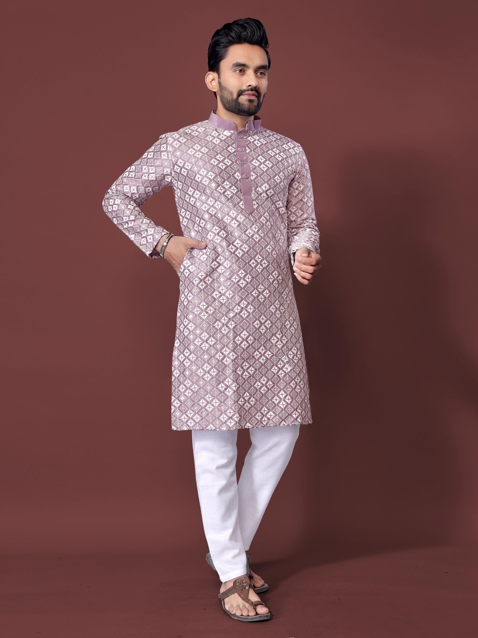 Neera Trendz Light Purple Soft Silk Embroidered Men's Kurta Pyjama - Swadesiicart