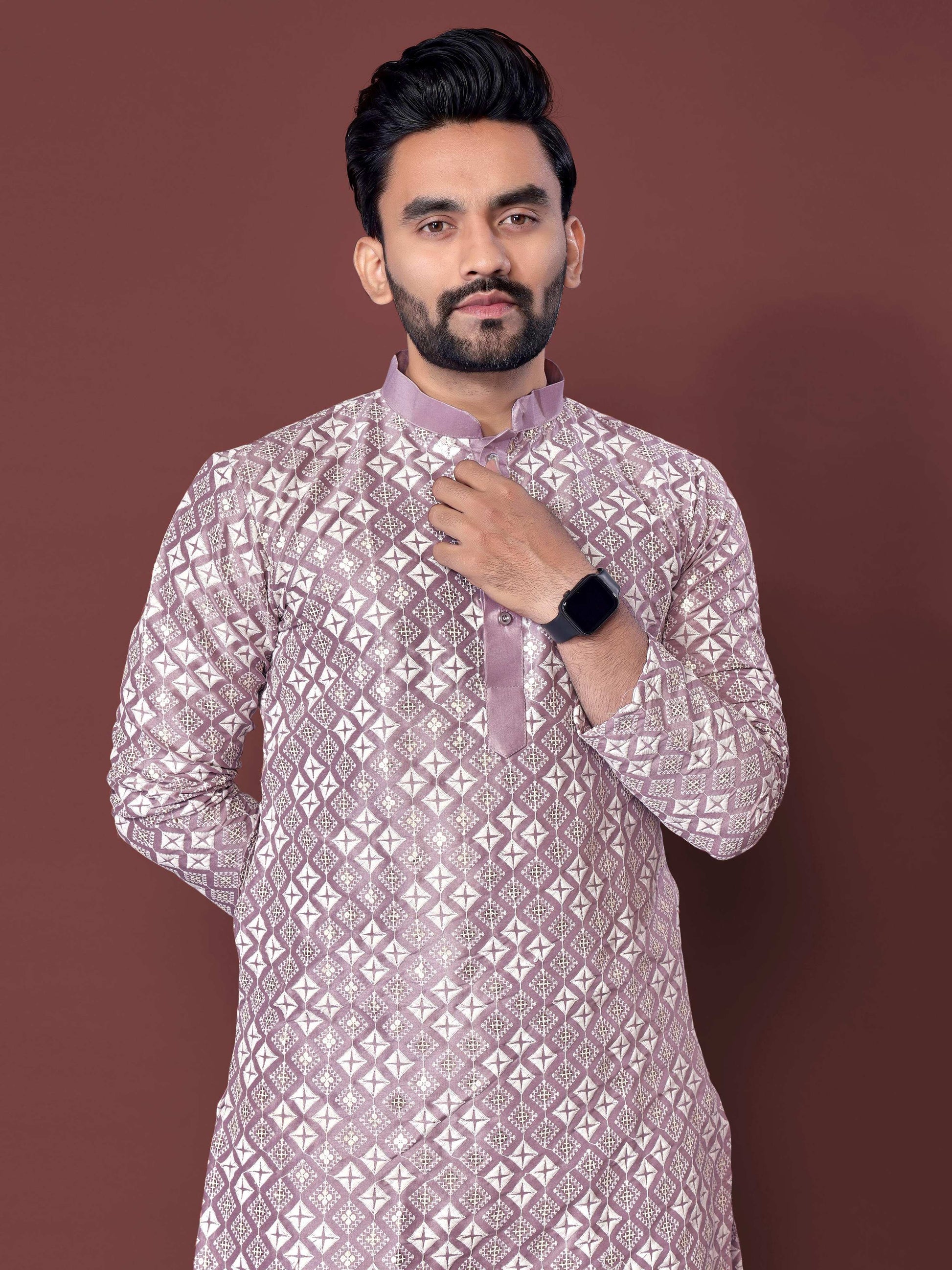 Neera Trendz Light Purple Soft Silk Embroidered Men's Kurta Pyjama - Swadesiicart