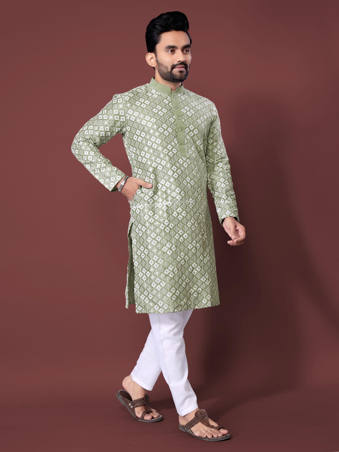 Neera Trendz Olive Soft Silk Embroidered Men's Kurta Pyjama - Swadesiicart