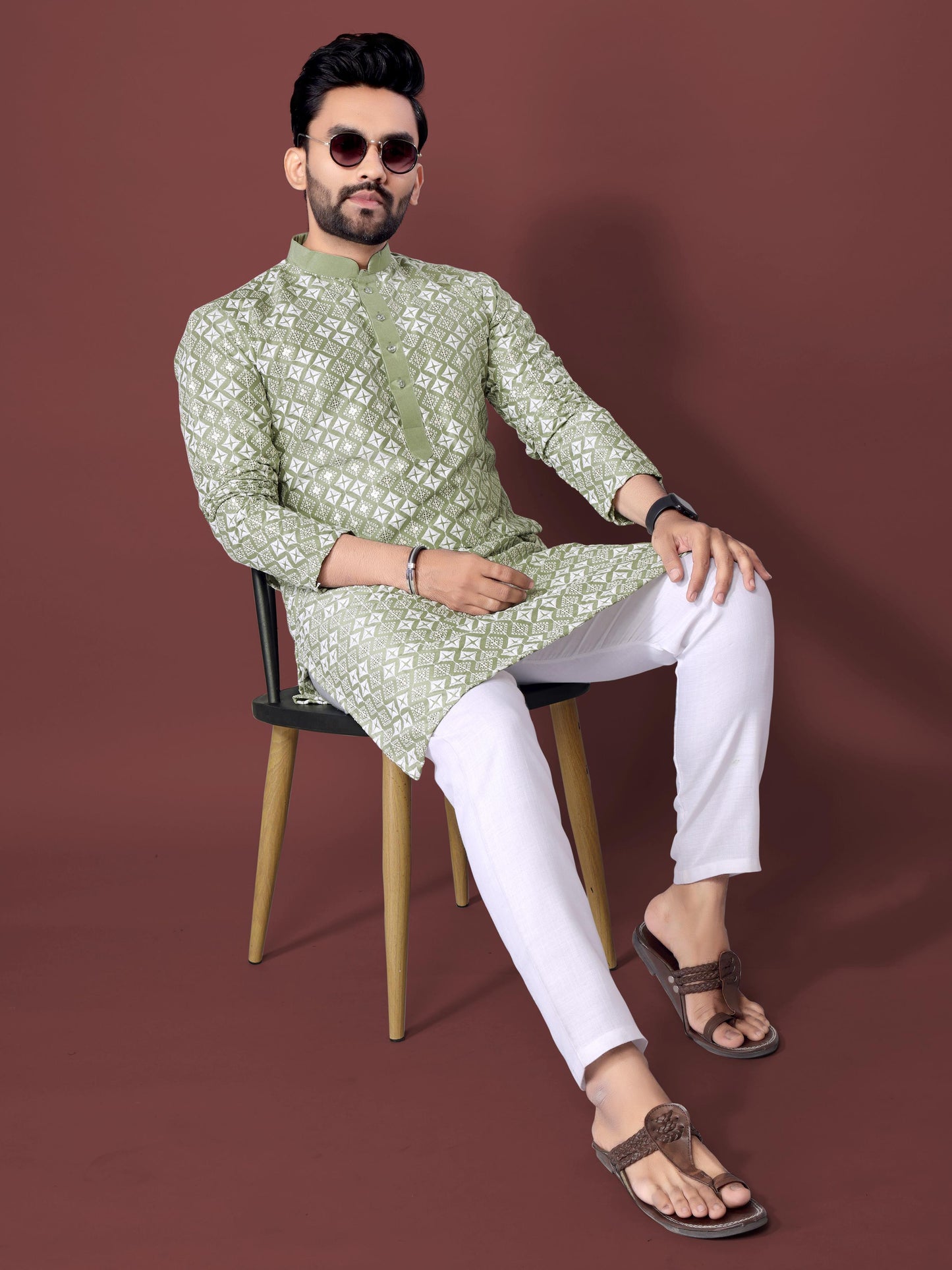 Neera Trendz Olive Soft Silk Embroidered Men's Kurta Pyjama - Swadesiicart