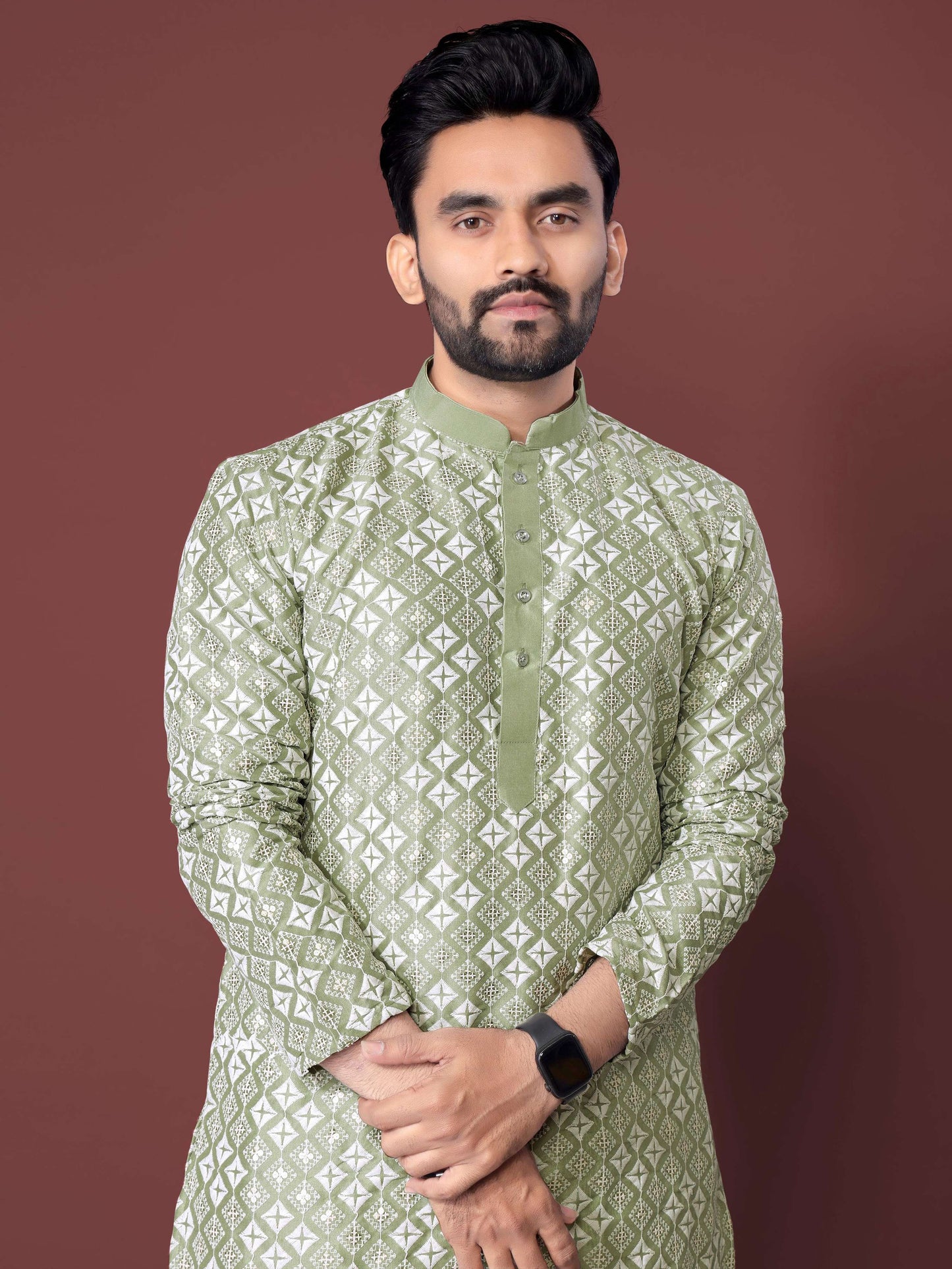 Neera Trendz Olive Soft Silk Embroidered Men's Kurta Pyjama - Swadesiicart