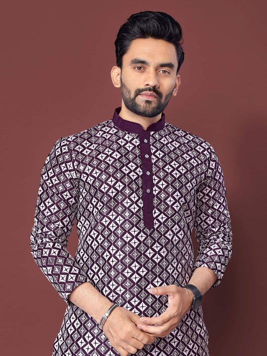 Neera Trendz Purple Soft Silk Embroidered Men's Kurta Pyjama - Swadesiicart