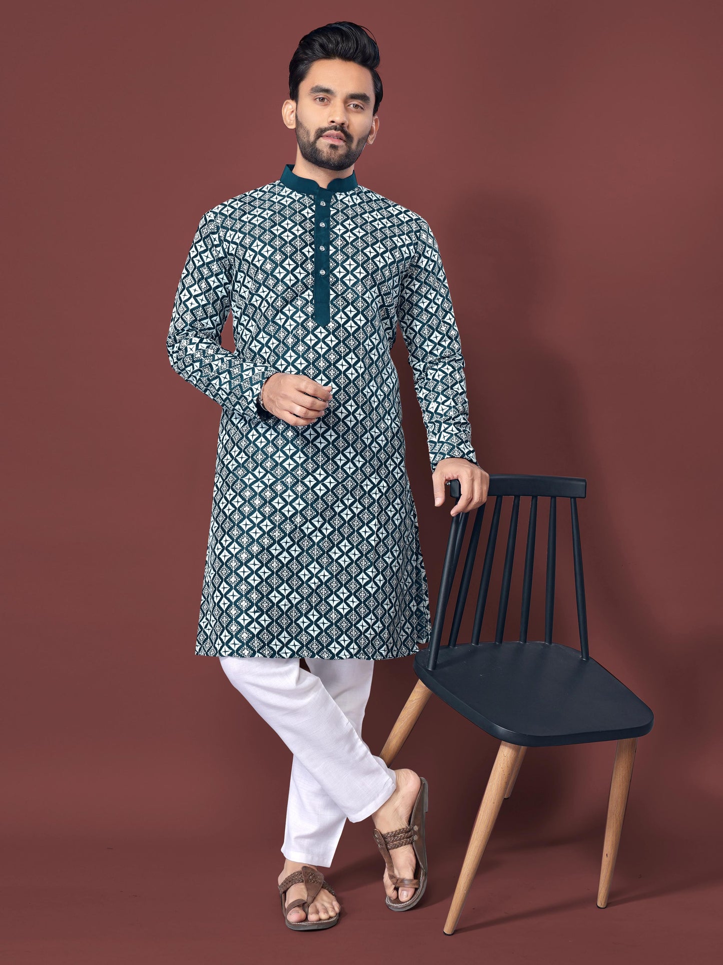 Neera Trendz Teal Soft Silk Embroidered Men's Kurta Pyjama - Swadesiicart