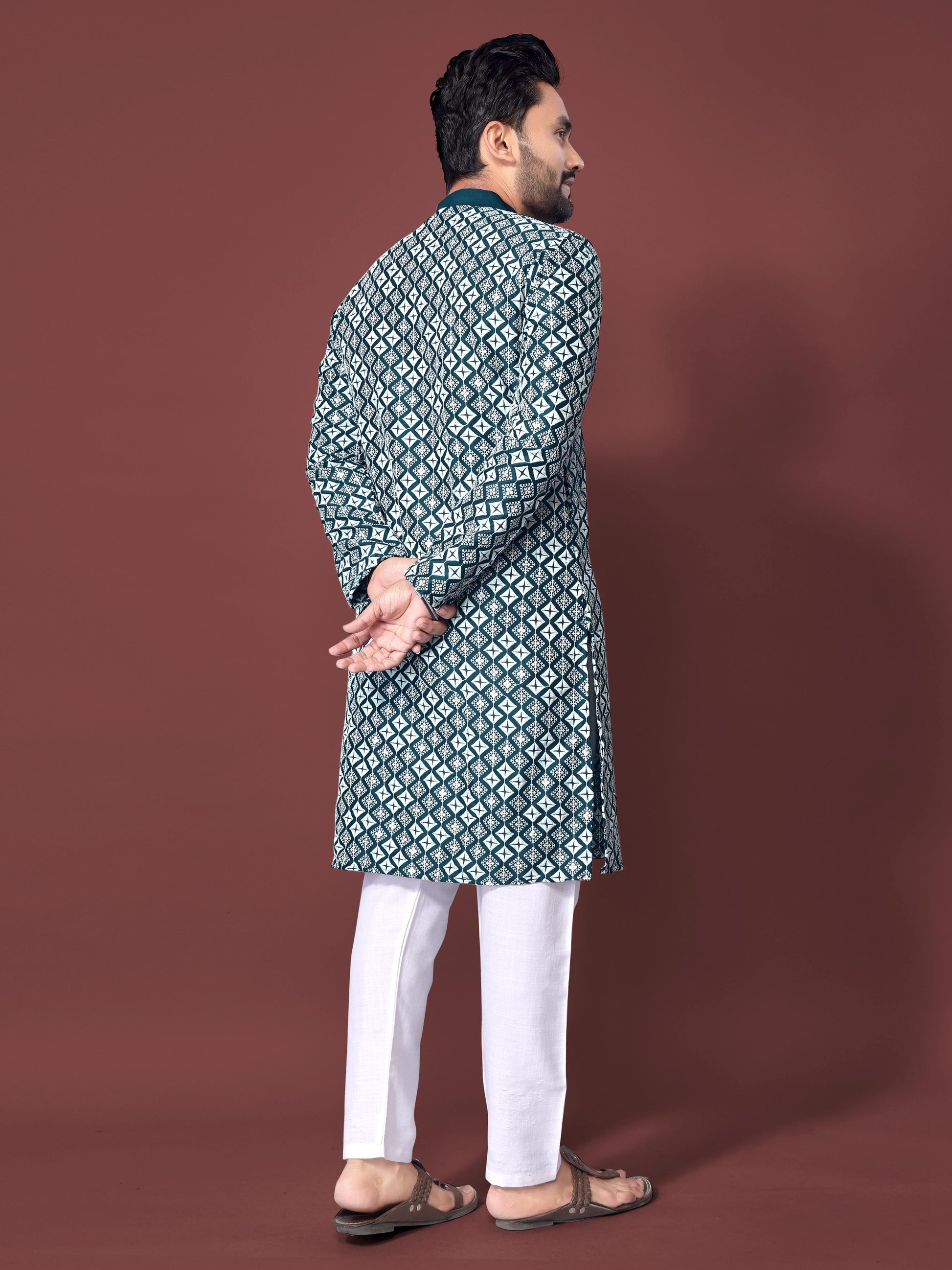 Neera Trendz Teal Soft Silk Embroidered Men's Kurta Pyjama - Swadesiicart