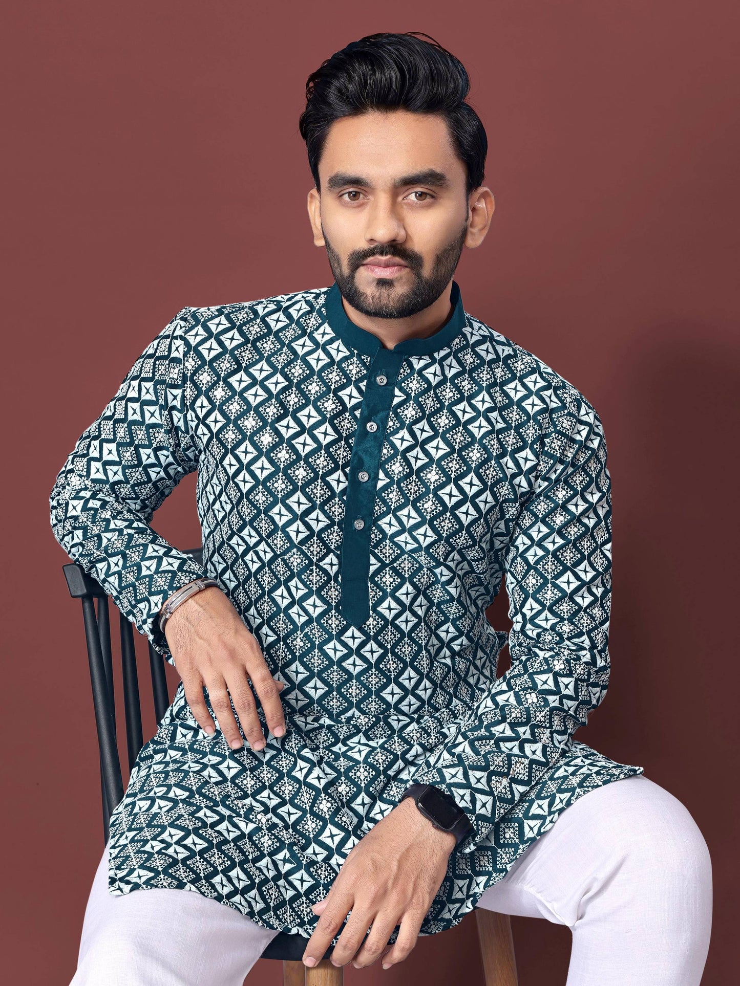 Neera Trendz Teal Soft Silk Embroidered Men's Kurta Pyjama - Swadesiicart