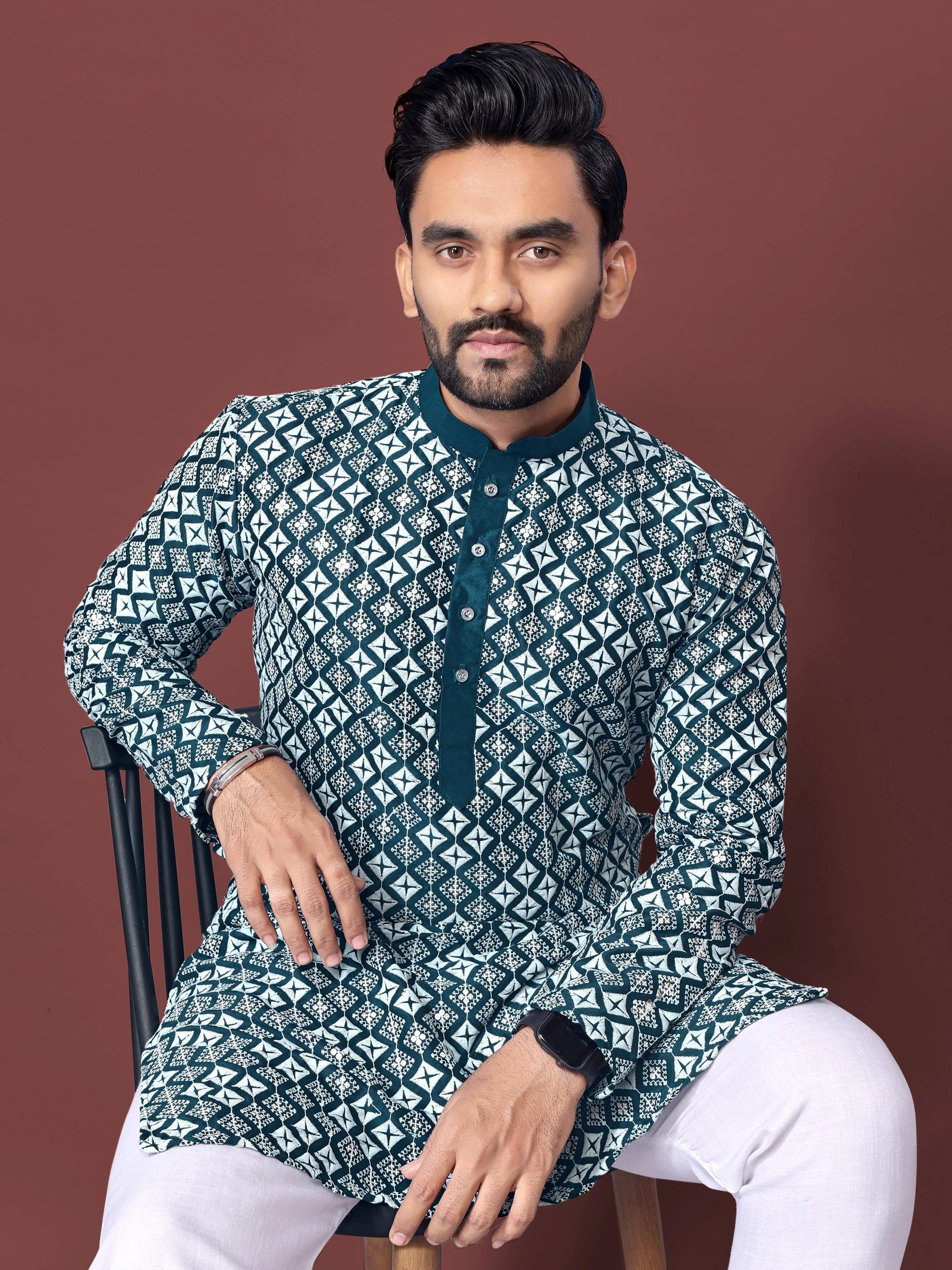 Neera Trendz Teal Soft Silk Embroidered Men's Kurta Pyjama - Swadesiicart
