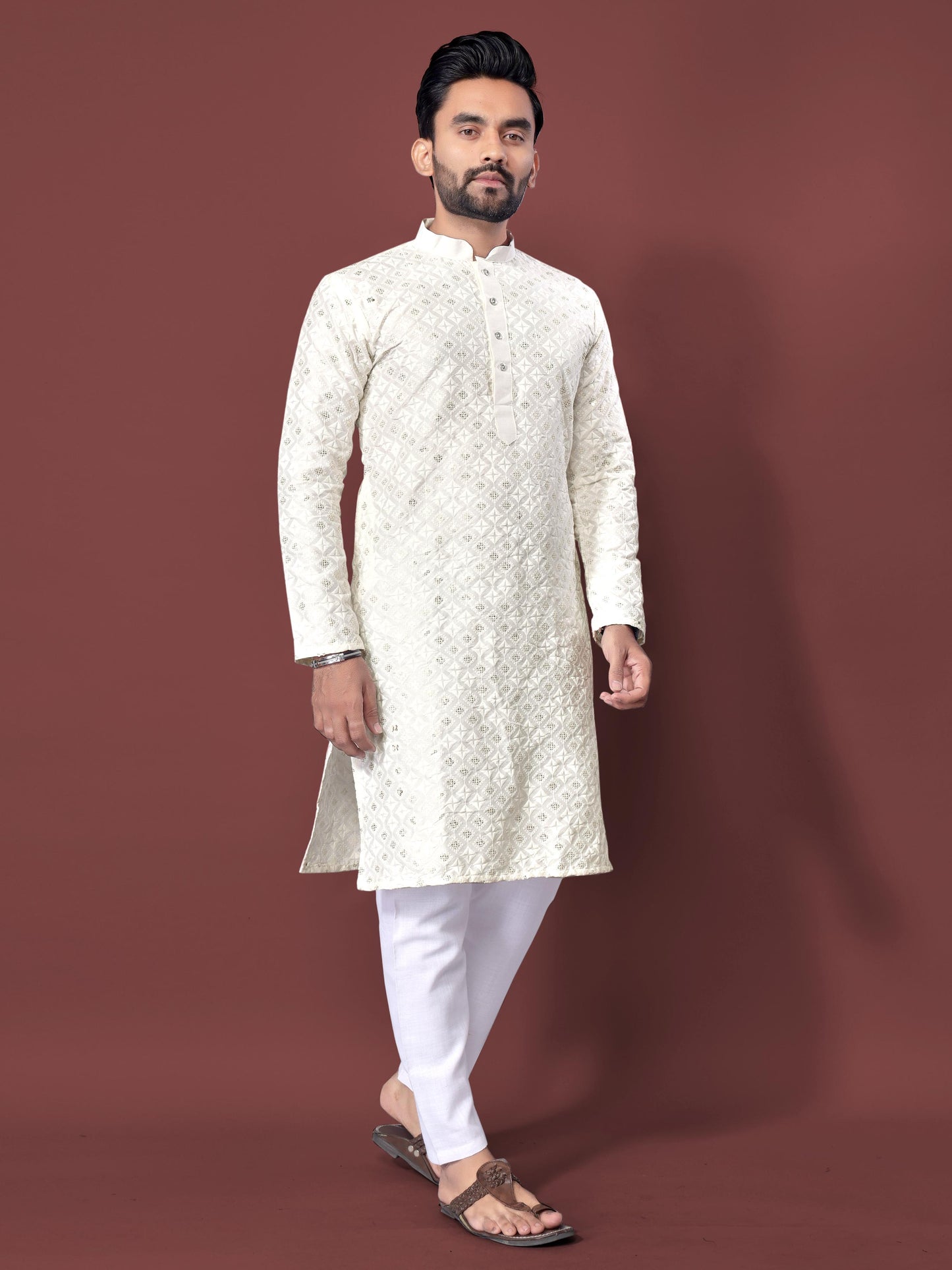 Neera Trendz White Soft Silk Embroidered Men's Kurta Pyjama - Swadesiicart
