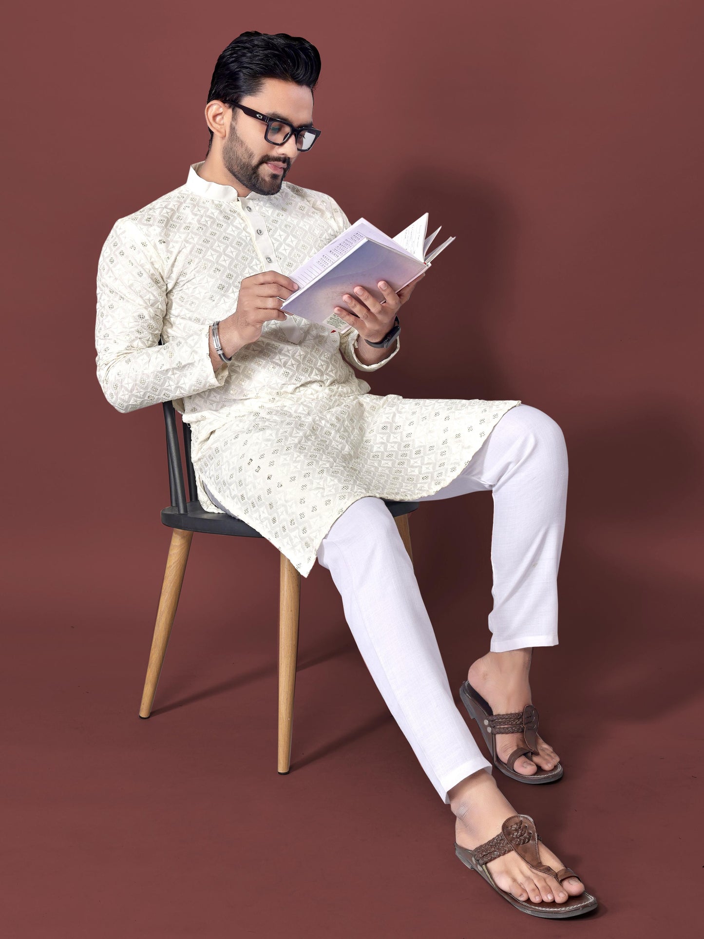 Neera Trendz White Soft Silk Embroidered Men's Kurta Pyjama - Swadesiicart