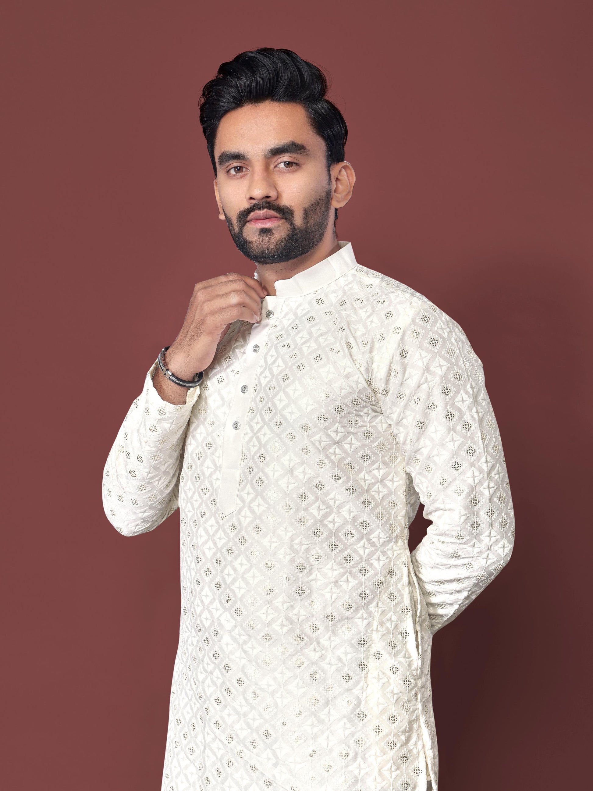Neera Trendz White Soft Silk Embroidered Men's Kurta Pyjama - Swadesiicart