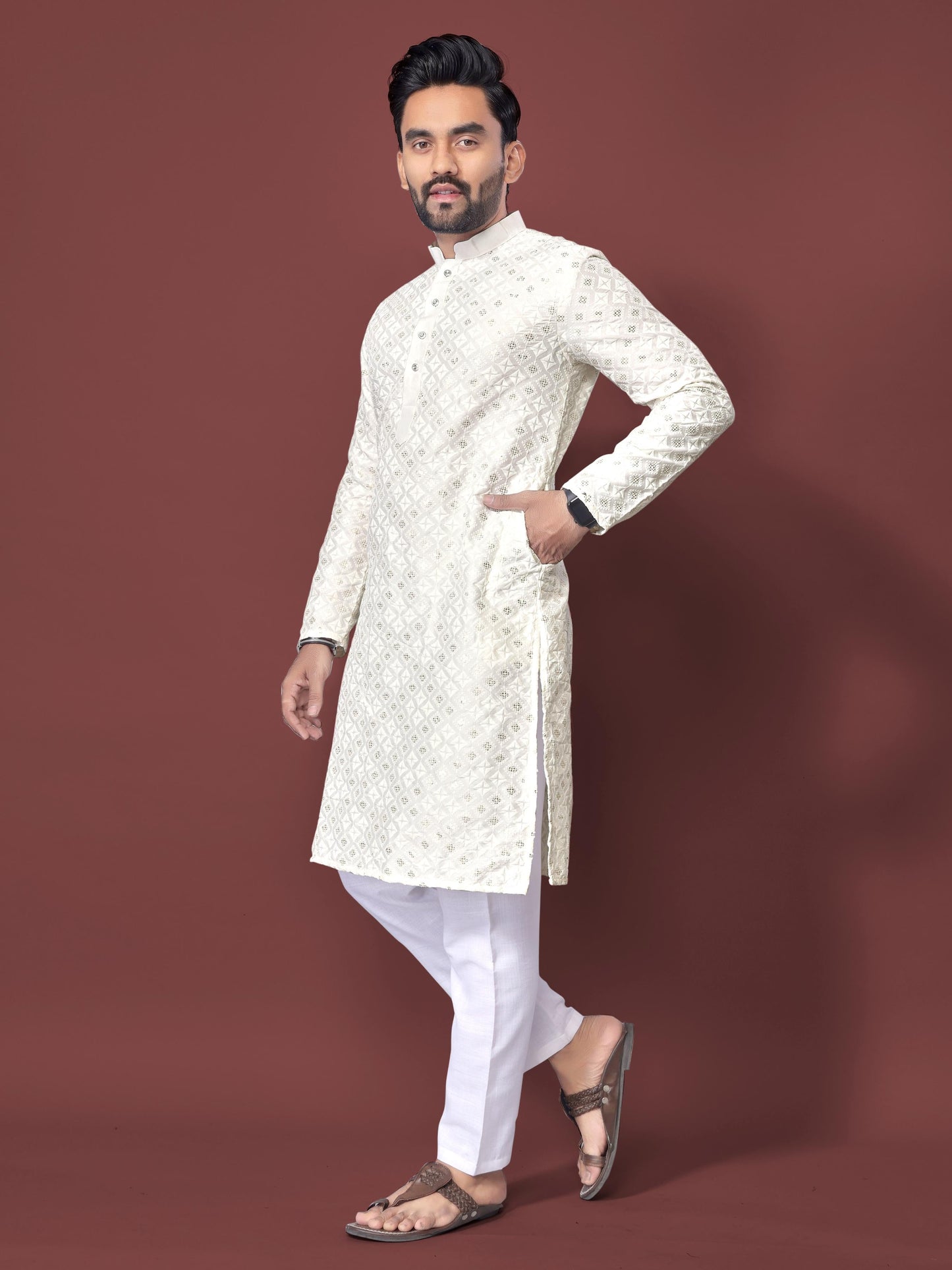 Neera Trendz White Soft Silk Embroidered Men's Kurta Pyjama - Swadesiicart