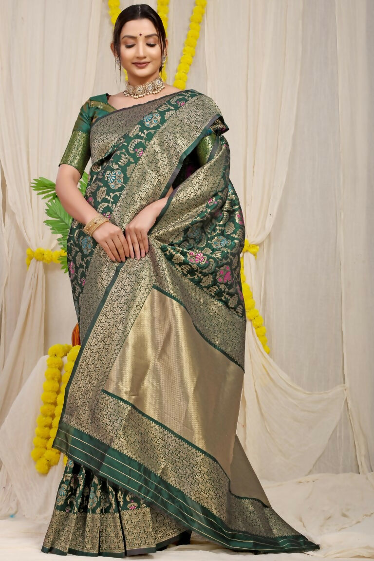 Jyoti Fashion Women's Bottle Green Kanjivaram Silk Zari Woven Saree with Blouse | Swadesiicart